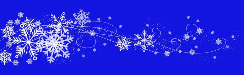 Fototapeta na wymiar ice skate and winter snowflakes flourish horizontal design illustration on blue