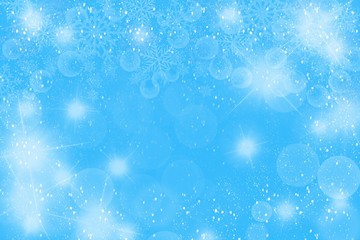 Winter Wonderland Snowflake snowy glitter bokeh background with border of snowflakes and lights in blues