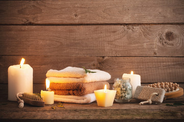 Beautiful composition of spa treatment on dark wooden  background