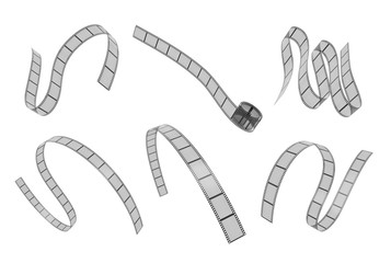 3d rendering of six differently placed filmstrips placed bended on a white background.