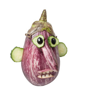 Funny idea of making a human head with eggplant