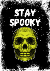 Halloween night card with skull.  Hand drawn black invitation flyers or greeting card with lettering or text. Vector.