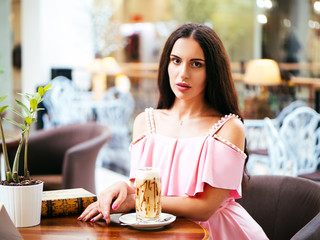 young woman rest in cafe after shopping