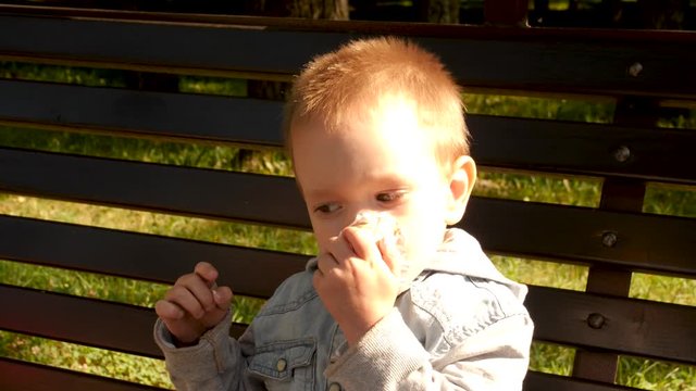 The boy plays with ice cream sitting on a bench in the Park. The child is dirty in ice cream. Portrait of a joyful soiled child in ice cream.