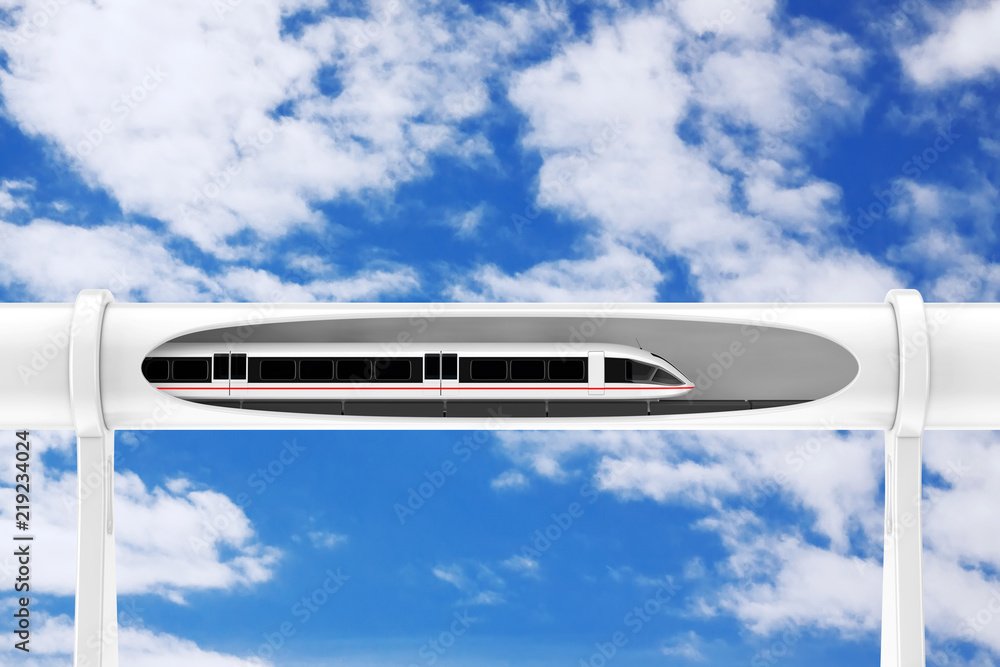 Poster super high speed futuristic magnetic levitation train moving in a vacuum tunnel. 3d rendering