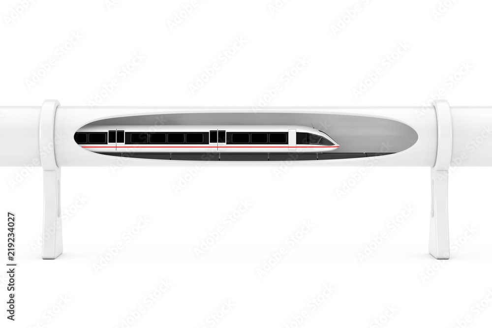 Poster super high speed futuristic magnetic levitation train moving in a vacuum tunnel. 3d rendering