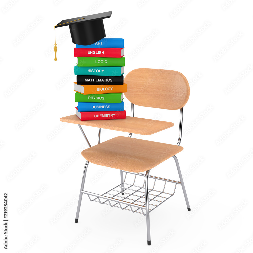 Poster gaduation hat with stack of coloured school books over wooden lecture school or college desk table w
