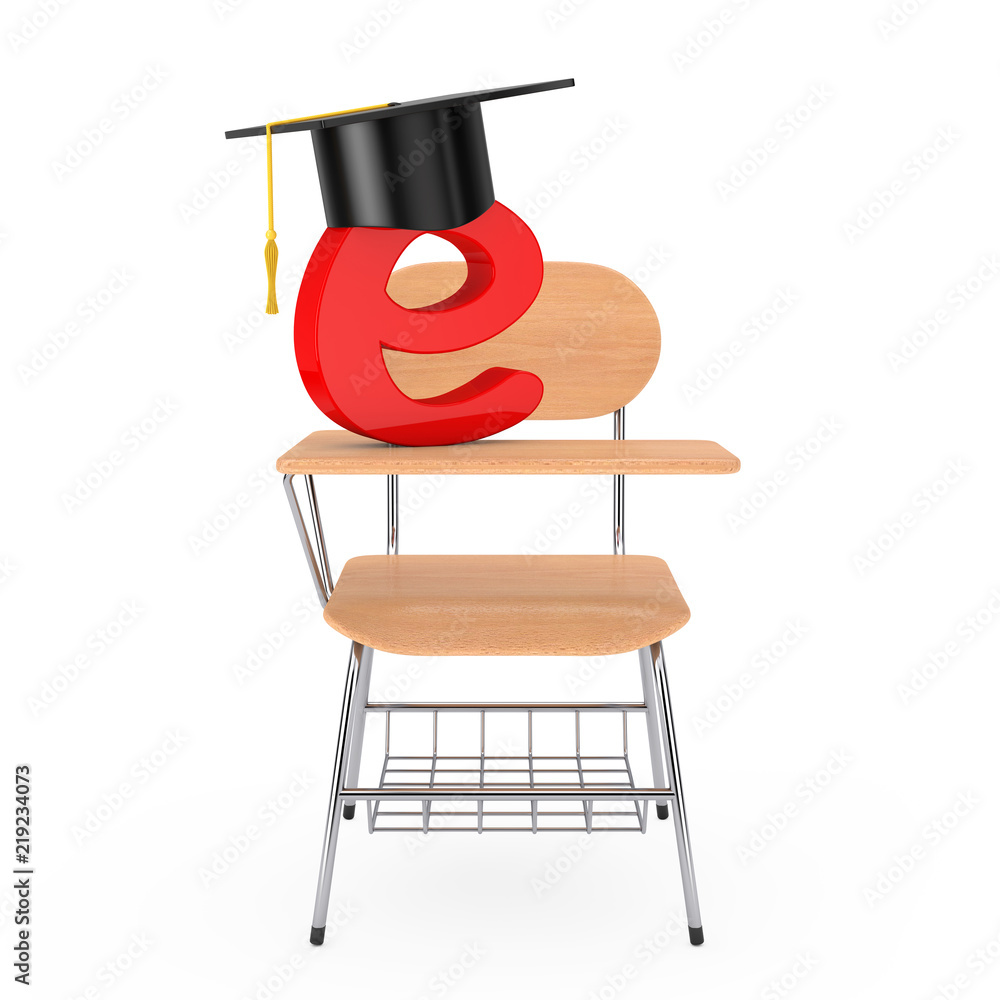 Poster graduation hat with e letter over wooden lecture school or college desk table with chair. 3d renderi