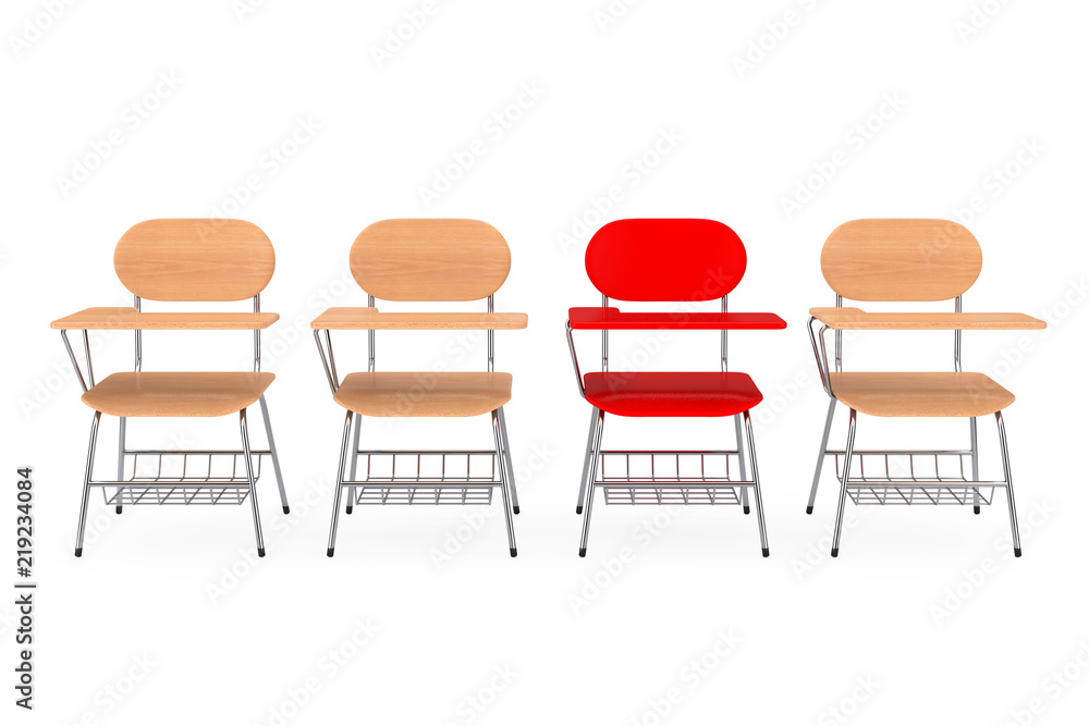 Poster A Single Red Chair in Row of Wooden Lecture School or College Desk Table with Chairs. 3d Rendering
