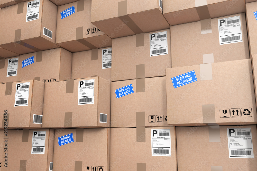 Aufkleber Logistics Concept. Stack of Rows Cardboard Boxes in Warehouse. 3d Rendering