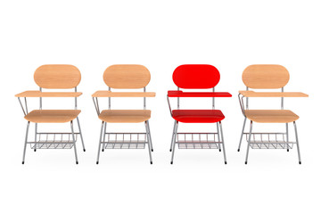 A Single Red Chair in Row of Wooden Lecture School or College Desk Table with Chairs. 3d Rendering