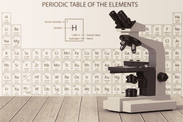 Modern Laboratory Microscope in front of Periodic Table of Elements. 3d Rendering