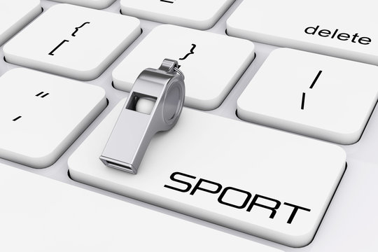 Classic Metal Coaches Whistle over Computer Keyboard with Sport Sign. 3d Rendering