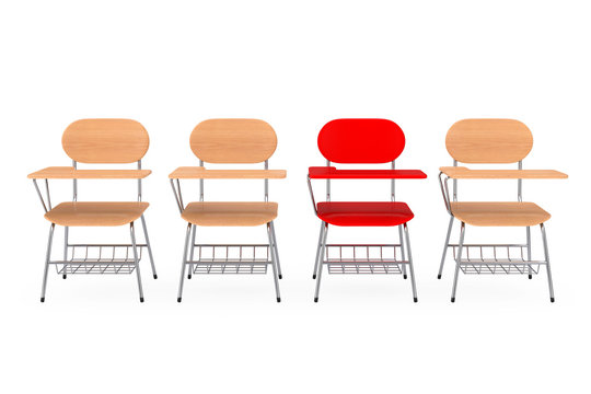 A Single Red Chair In Row Of Wooden Lecture School Or College Desk Table With Chairs. 3d Rendering