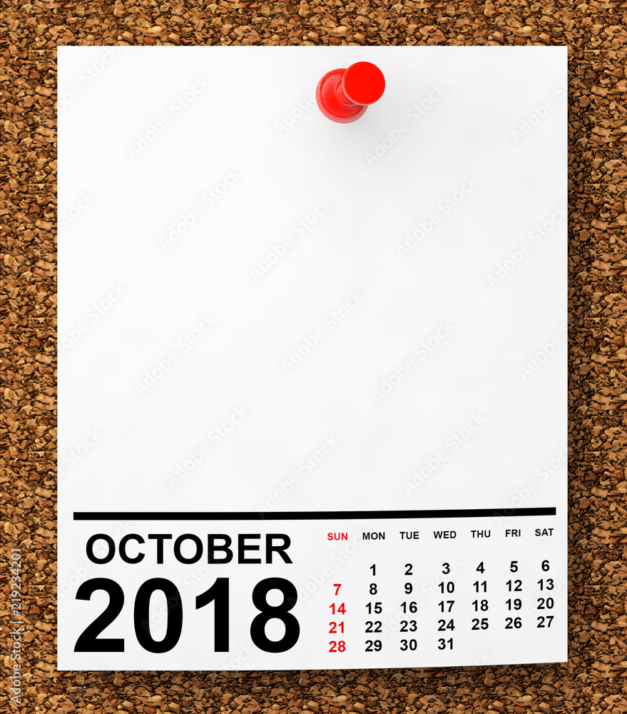 Poster calendar october 2018. 3d rendering
