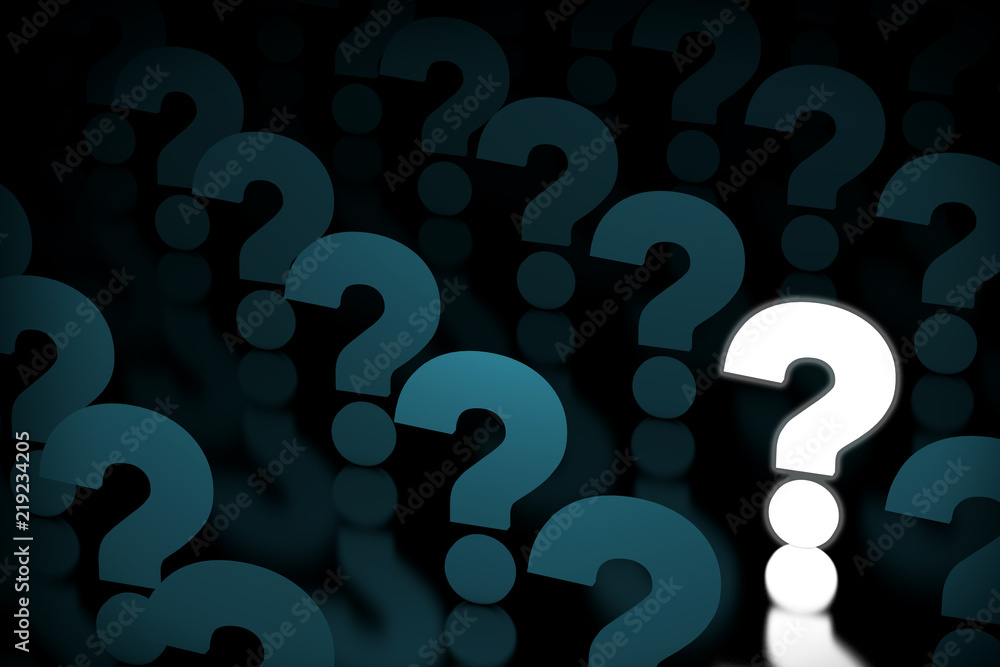 Poster one glowing light question mark icon among rows of question marks icons. 3d rendering