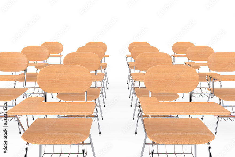 Poster Rows of Wooden Lecture School or College Desk Tables with Chairs. 3d Rendering