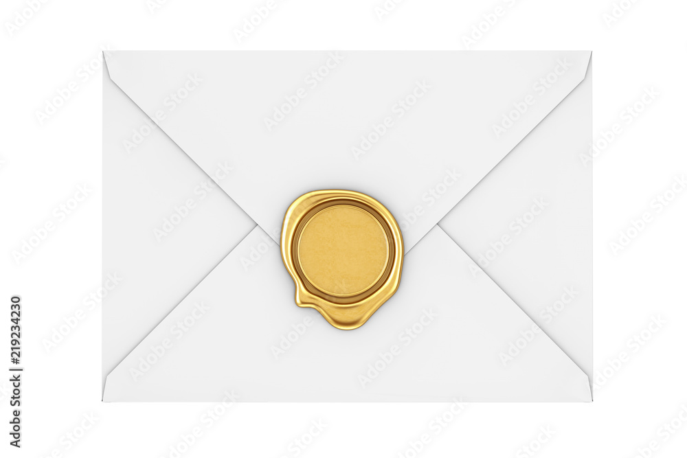 Aufkleber letter envelope with golden wax seal. 3d rendering