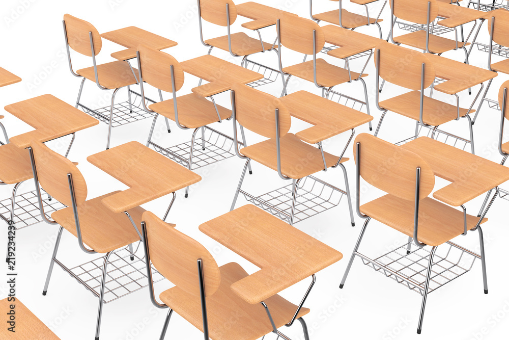 Poster rows of wooden lecture school or college desk tables with chairs. 3d rendering