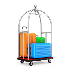 Large Multicolour Polycarbonate Suitcases in Silver Luxury Hotel Luggage Trolley Cart. 3d Rendering