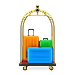 Large Multicolour Polycarbonate Suitcases in Golden Luxury Hotel Luggage Trolley Cart 3d Rendering