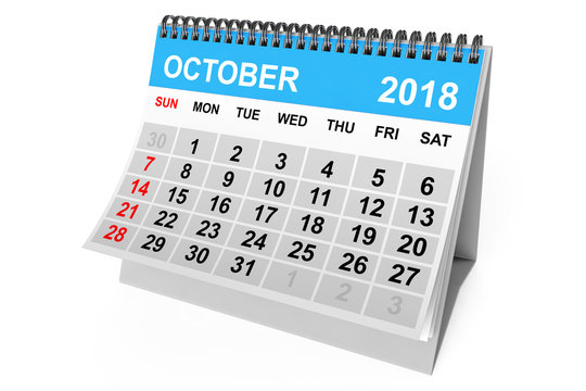 Calendar October 2018. 3d Rendering