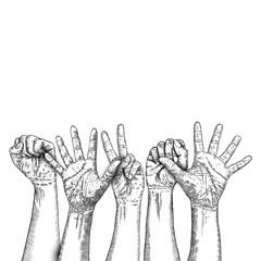 United hands together in ink style. Business group collaboration. Team concept. Coordination, international multiracial, mixed race people hand holding each other in unity. For hands vector.