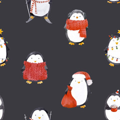 Watercolor christmas baby penguin pattern