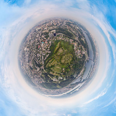 Aerial view 360 degrees panorama of Kiev above the National Botanical Garden named after M.M. Grishka.