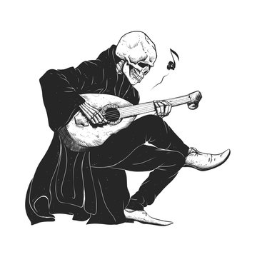 Minstrel playing guitar,grim reaper musician cartoon,gothic skull,medieval skeleton,death poet illustration,evil bones halloween