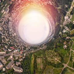 Aerial 360 degrees Panorama above the Botanical Garden named after M. M. Grishka in Kiev. Photo in the style of the film Inception. Conceptual photo of the apocalypse, spiral of time, black hole