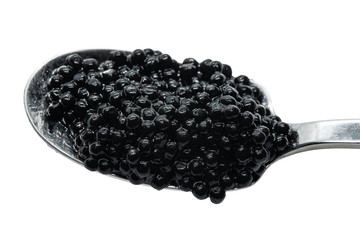 Spoon with black sturgeon caviar. Isolated white background