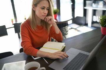 Woman copywriter working indoors while writing exited ideas for article in textbook in cafe....