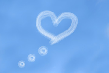 Heart-shaped bubbles speech on blue sky.