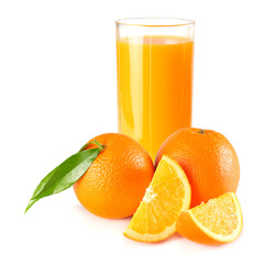 orange juice with orange and green leaf isolated on white background. juice in glass