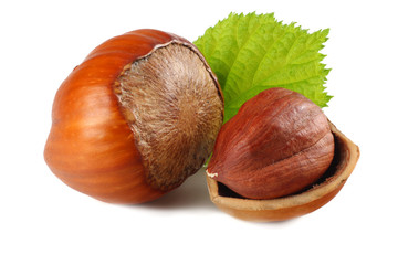 hazelnuts with leaves isolated on white background. macro