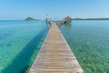 Obraz premium Wooden pier with tropical hut at resort in Phuket, Thailand. Summer, Travel, Vacation and Holiday concept.