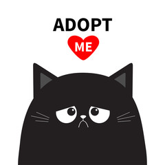 Adopt me. Dont buy. Black sad cat face silhouette. Red heart. Pet adoption. Kawaii animal. Cute cartoon kitty character. Funny baby kitten. Help homeless animal Flat design. White background Isolated.