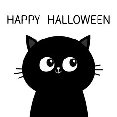 Happy Halloween. Black cat sitting silhouette. Cute cartoon character. Pet baby collection Greeting card. Flat design. White background.