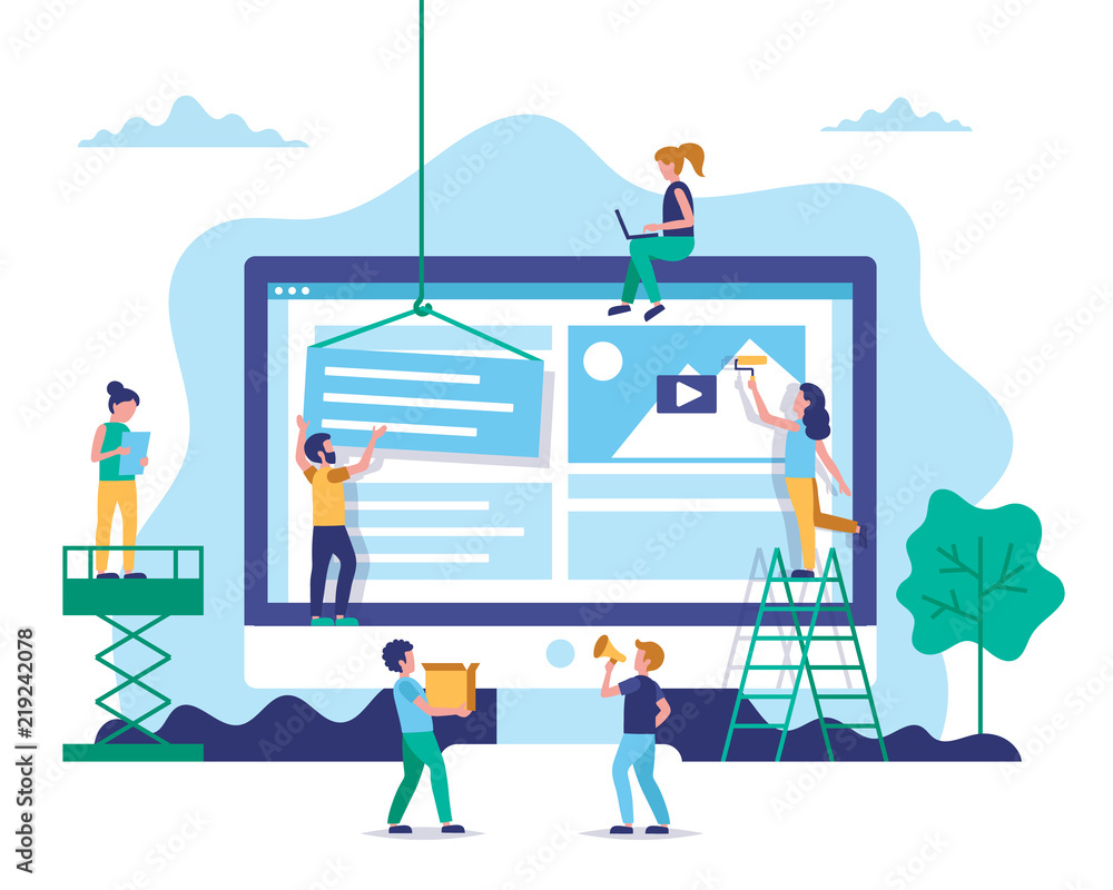 Poster website construction, web design concept illustration in flat style. people working on website. char