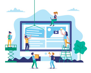 Website construction, web design concept illustration in flat style. People working on website. Characters doing various tasks, teamwork.