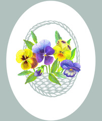   hand drawing coloring pensil Illustration of Pansy flowers in a wicker basket on white background 