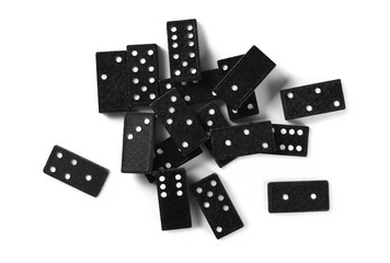 black dominoes, pieces isolated on white background, top view