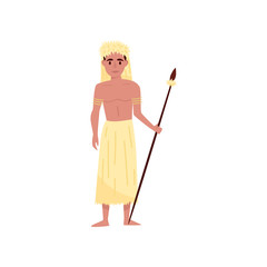 Aborigine warrior character with spear in traditional etnic clothes and headdress vector Illustration on a white background