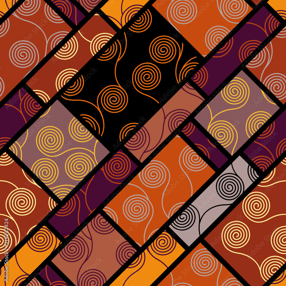 Poster seamless brown patchwork pattern. curly waves pattern in art nouveau style. vector illustration.
