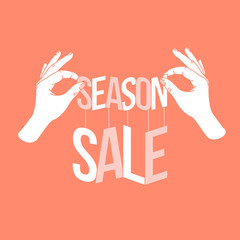 Woman hands holding paper cut words season sale. Season sale banner. Vector illustration