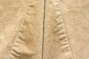 Texture of Beige Velvet Clothes with Stitches. Seams on Cloth. Textile Fabric of Corduroy as Background