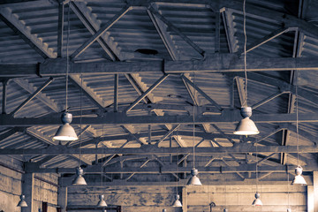 Architectural industrial background. Ceiling, roof and lighting of an old abandoned factory building or warehouse