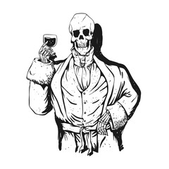 Vampire skeleton holding blood cup -  black and white