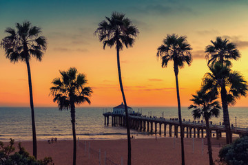 California beach at sunset, Palm trees and Pier on Manhattan Beach in California, Los Angeles....